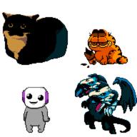 anon artist:mossloth blue_eyes_white_dragon cat chat chat_bot game:pokemon_infinite_fusion garfield pixel_art pokemon_fusion sprite streamer:joel yugioh // 576x576 // 12.9KB