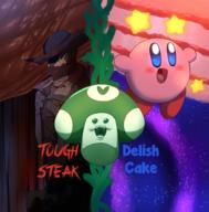 artist:ToddM cake game:bloodborne game:kirby_star_allies kirby steak streamer:vinny vineshroom // 1400x1425 // 2.0MB